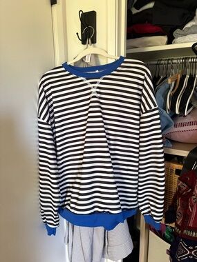Striped Black & White Sweatshirt with Blue Trim